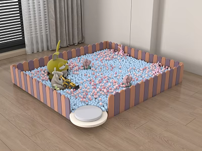Kids Play Area with Striped Enclosure Colorful Balls Banana Animal Toys and Mushroom Decor 3d model