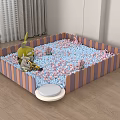 Kids Play Area with Striped Enclosure Colorful Balls Banana Animal Toys and Mushroom Decor
