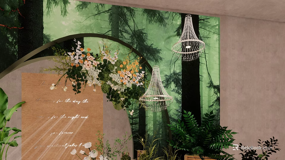 Forest Themed Photo Spot With Green Backdrop Floral Arch White Chandeliers And Green Plants 3d model 
