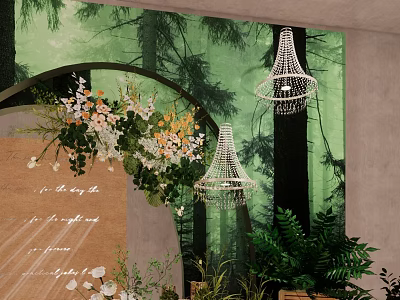 Forest Themed Photo Spot With Green Backdrop Floral Arch White Chandeliers And Green Plants 3d model