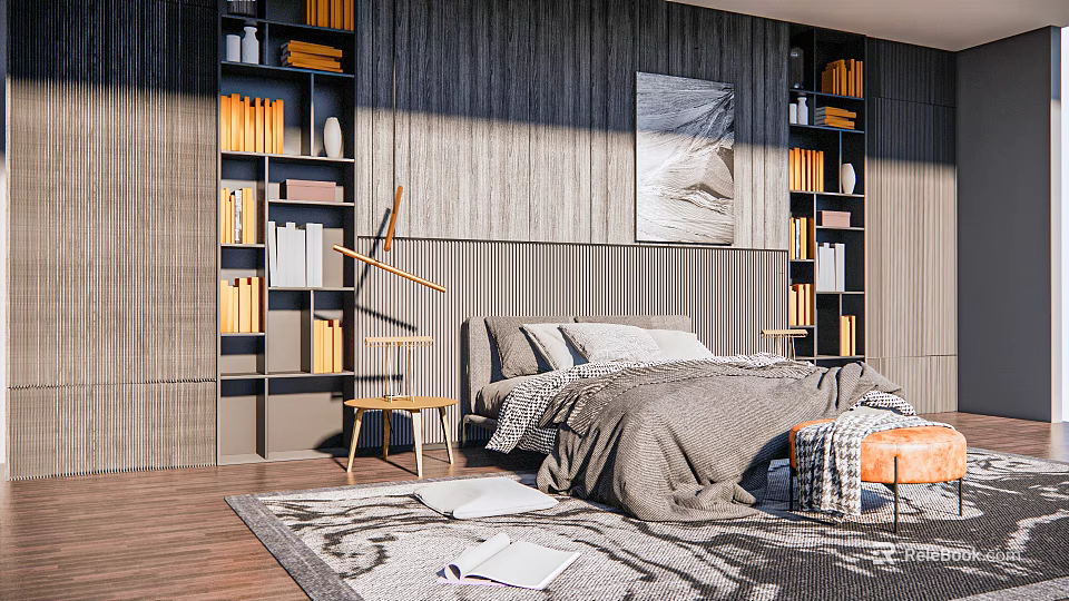 Modern Bedroom Interior With Background Double Bed Wooden Wall Bookshelves And Rug 3d model 