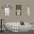 White Freestanding Bathtub With Silver Faucet Wooden Tray Bath Products Wall Shelves In Beige Bathroom