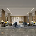 Modern Hotel Lobby Interior With Marble Floor Sofas Chairs Reception Desk Columns And Lighting 3d model