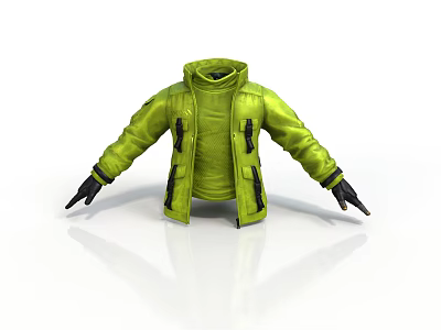 Green Jacket 3D Model With Zipper Pockets And Black Gloves On White Background 3d model