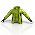 Green Jacket 3D Model With Zipper Pockets And Black Gloves On White Background