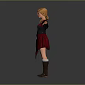 Blonde Woman in Red Black Plaid Dress Black Sleeves Laced Waist Brown Boots Arms Outstretched