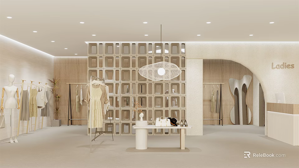 Modern Beige Clothing Store Interior With Mannequin Dress Display Table Wooden Shelving And Hanging Lamp 3d model 