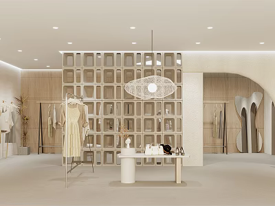 Modern Beige Clothing Store Interior With Mannequin Dress Display Table Wooden Shelving And Hanging Lamp 3d model