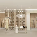 Modern Beige Clothing Store Interior With Mannequin Dress Display Table Wooden Shelving And Hanging Lamp