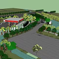 Modern Gas Station With Red Canopy Fuel Pumps Vehicles And Green Trees