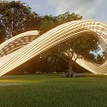 Modern Outdoor Pergola With Curved Wooden Structure And Central Tree