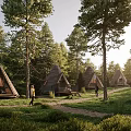 Forest Glamping Site With Pyramid Tents Evening Lighting And People Gathering In Nature