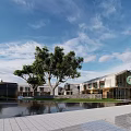 Modern Sales Office Building with Lush Trees Pathway and Elegant Signage