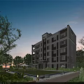 Modern Multi Story Residential Building Surrounded By Lush Greenery And Garden Space