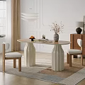 Oval Dining Table Set with Two Chairs White Fluted Legs Vase Flowers Fruits And Books