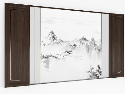 Chinese Style Background Wall with Traditional Ink Landscape Painting Dark Wooden Frames and Golden Accents 3d model