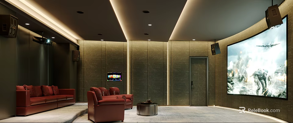 Modern Home Theater Room Interior With Red Leather Sofas Flat Screen TV And Ceiling Lighting 3d model