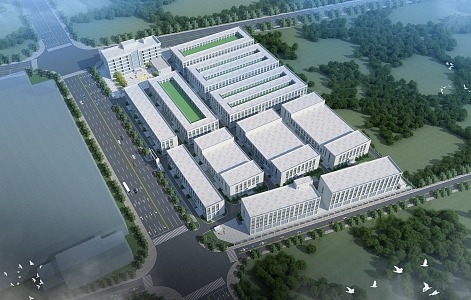 Bird's-eye view of modern factory building 3d model