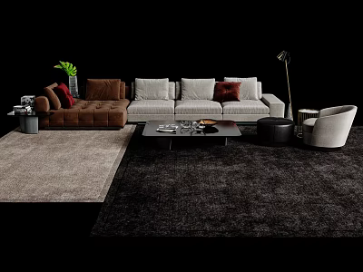 Modern Sofa and Coffee Table Set with Cushions Area Rugs Accent Chair and Floor Lamp 3d model