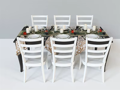 Elegant Dining Table Set With White Chairs Decorative Tablecloth Plates And Candles 3d model