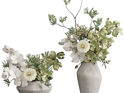 Bonsai Potted Plants In Ceramic Vases With White Flowers And Green Leaves 3d model