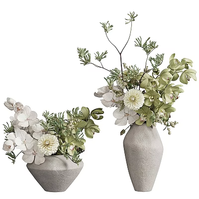 Bonsai Potted Plants In Ceramic Vases With White Flowers And Green Leaves 3d model