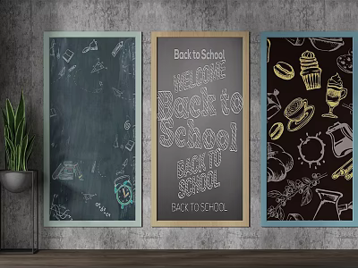Background Wall with Three Chalkboards Featuring Hand Drawn Back to School Elements and Food Illustrations 3d model