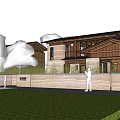 Modern Detached Villa Exterior With Wooden Stone Facade Green Lawn And Trees