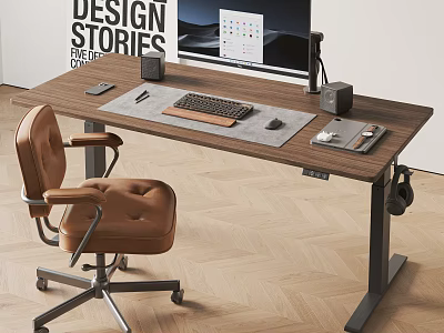 Modern Office Desk With Monitor Keyboard Mouse Notebook Pen And Leather Chair On Wooden Floor 3d model