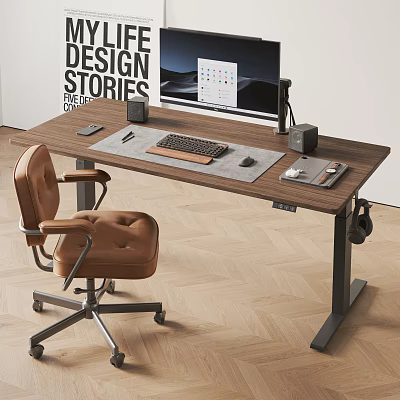 Modern Office Desk With Monitor Keyboard Mouse Notebook Pen And Leather Chair On Wooden Floor 3d model