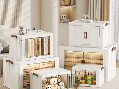 White Storage Boxes With Clear Windows And Doors Storing Books Toys Snacks Tidy Room 3d model