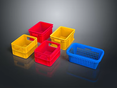 Colorful Plastic Storage Baskets in Red Yellow and Blue on Black Background 3d model