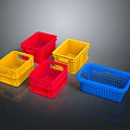 Colorful Plastic Storage Baskets in Red Yellow and Blue on Black Background