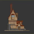 Cartoon Style House With Red Roof Chimney Stone Steps Brown Walls And Windows