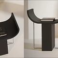 Modern Curved Wooden Stool with Woman Sitting and Black Curved Stool with Books Near White Wall