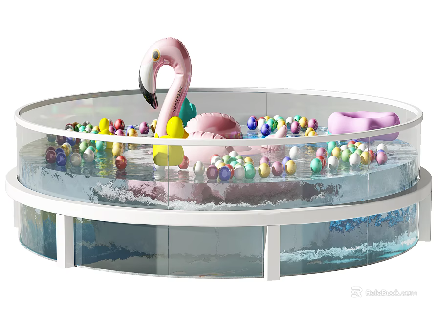 Commercial Transparent Circular Play Pool With Pink Flamingo And Colorful Balls 3d model 