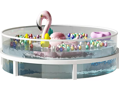 Commercial Transparent Circular Play Pool With Pink Flamingo And Colorful Balls 3d model