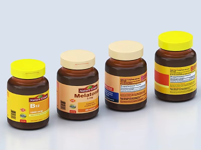 Medical Devices Showcasing Brown Bottles With Different Labels And Yellow Beige Caps 3d model