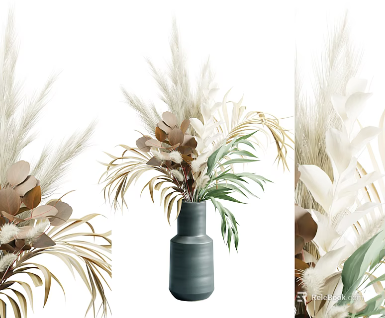 Modern Dark Gray Vase With Natural Dried Flowers And Neutral Tone Leaves 3d model 