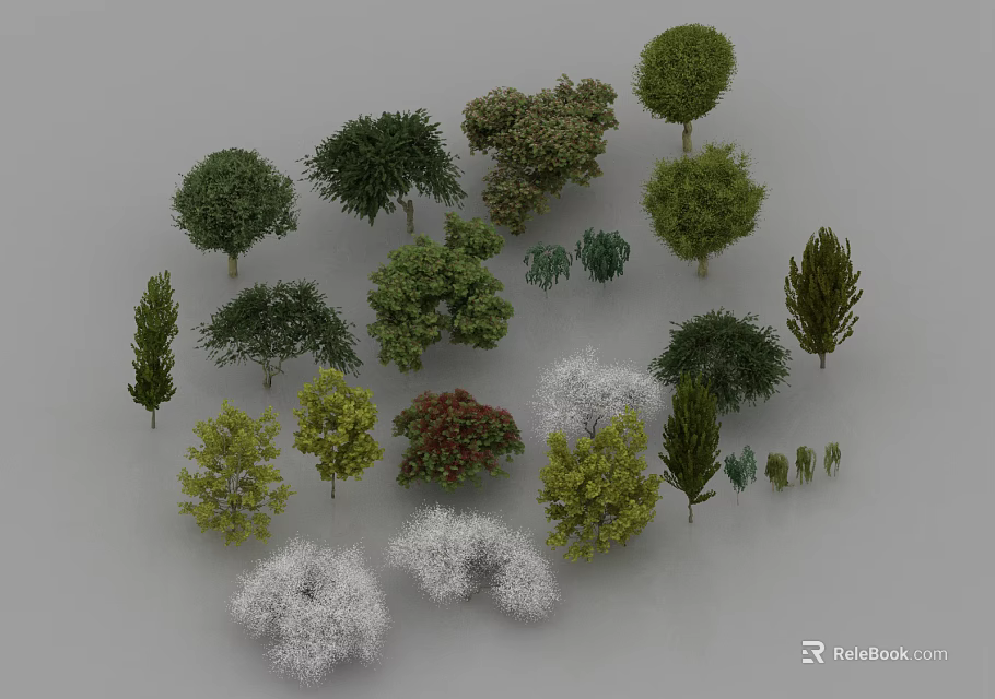 Various Types of Trees with Green Red and Yellow Foliage and Different Crown Shapes 3d model 