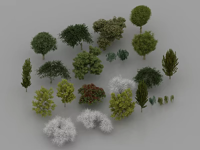 Various Types of Trees with Green Red and Yellow Foliage and Different Crown Shapes 3d model