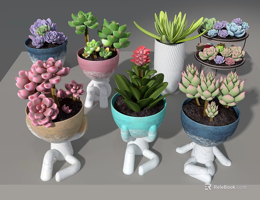 Colorful Succulent Plants in Unique Human Shaped Planters with Pastel Hues 3d model 