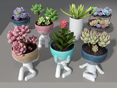 Colorful Succulent Plants in Unique Human Shaped Planters with Pastel Hues 3d model