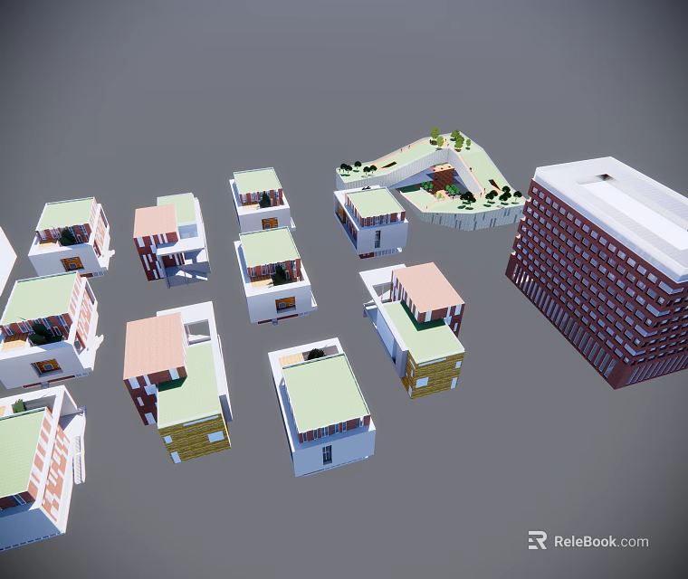 Modern Office Building Models With Colorful Rooftops And Greenery Areas 3d model