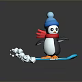 Cartoon Penguin Wearing Blue Hat And Red Scarf Snowboarding On Blue Snowboard With Snow Splashes