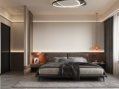 Modern Bedroom Interior With Neutral Tones Comfortable Bed Bedside Lamps And Soft Area Rug 3d model