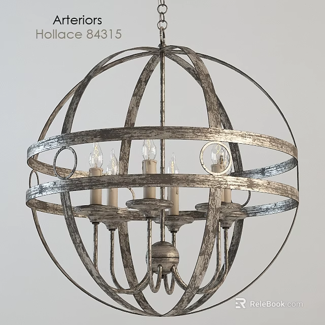 Vintage Spherical Metal Chandelier With Circular Rings And Candle Shaped Bulbs 3d model 