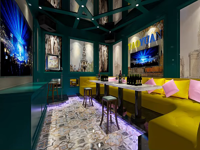 Modern KTV Lounge Interior With Dark Green Walls Yellow Sofas Pink Cushions And Large Screens 3d model