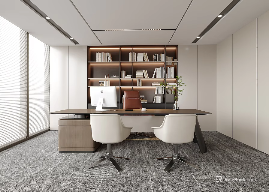 Modern Office Interior With Wooden Desk White Chairs Bookshelf And Large Window 3d model 