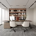 Modern Office Interior With Wooden Desk White Chairs Bookshelf And Large Window